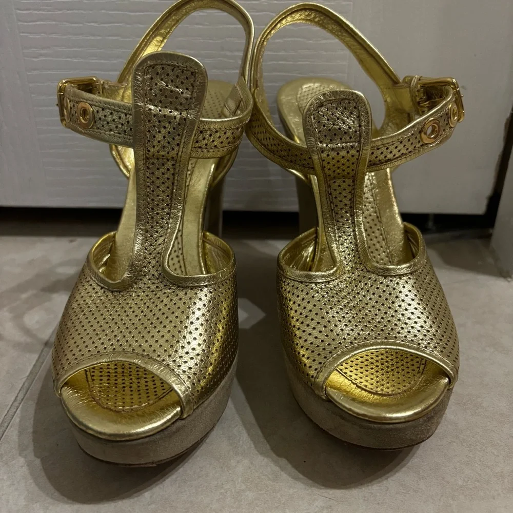 Goldenbleu Perforated Gold Mesh Platform Sandals